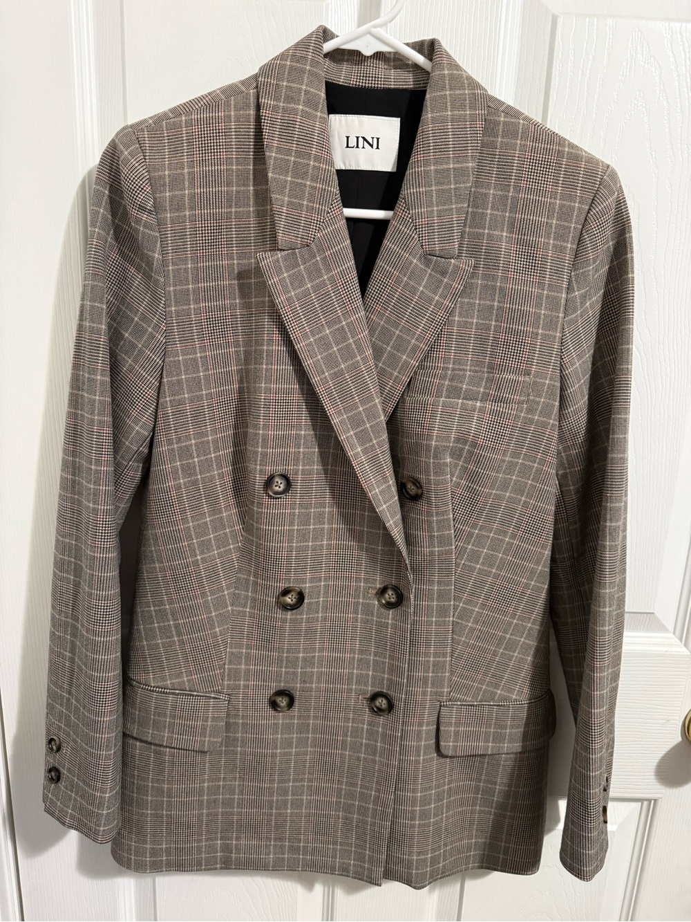 LINI Double-Breasted Plaid Blazer in Brown and Gray